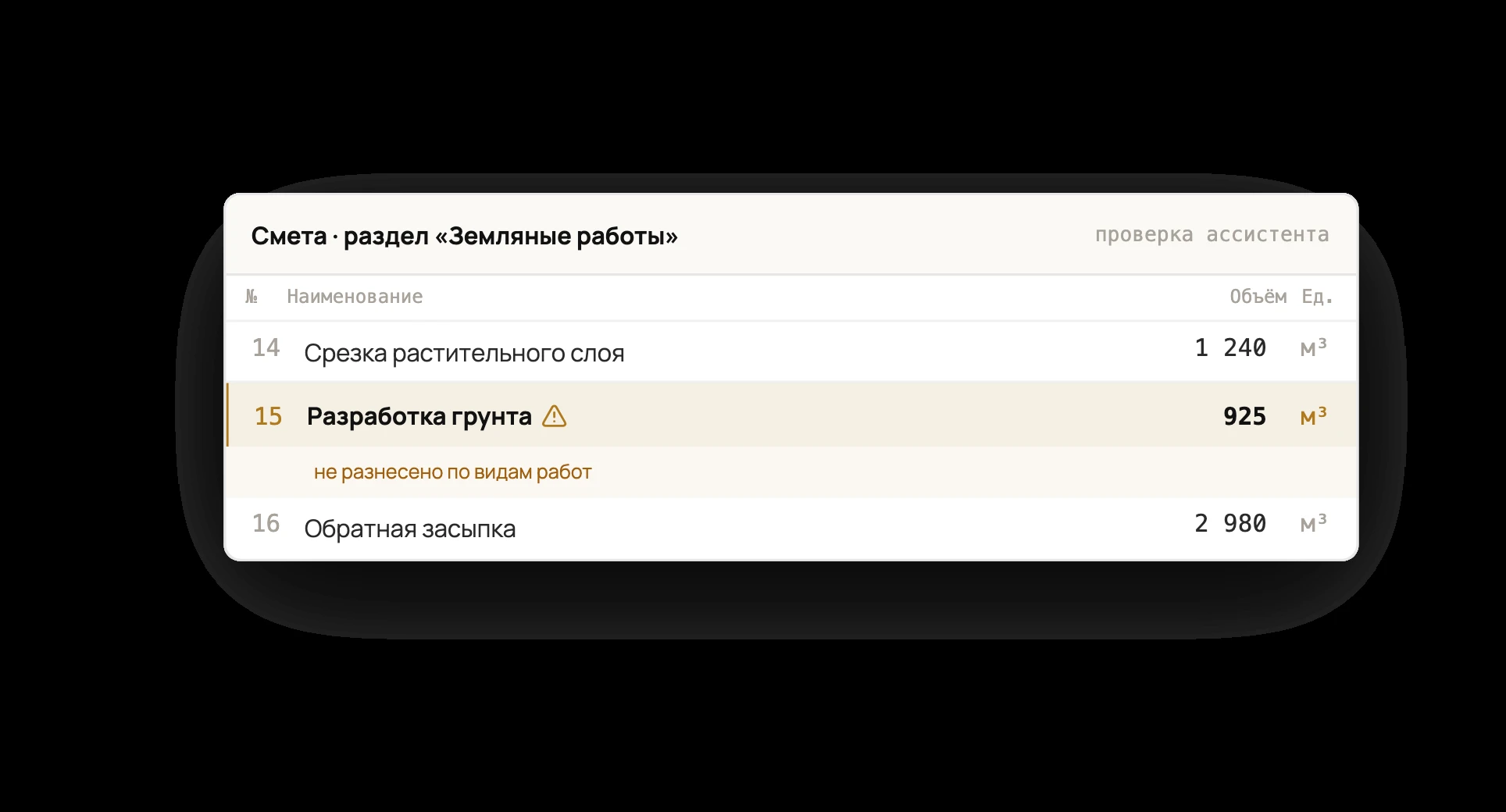 Проверка раздела сметы с замечанием по объёму земляных работ